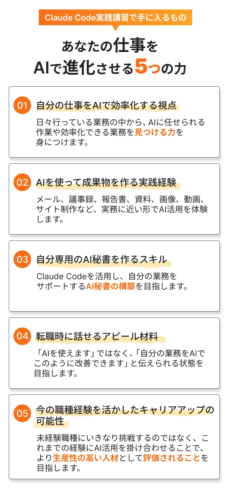 Claude Code実践講習で手に入るもの
          あなたの仕事を
          AIで進化させる5つの力
          01
          自分の仕事をAIで効率化する視点
          日々行っている業務の中から、AIに任せられる
          作業や効率化できる業務を見つける力を
          身につけます。
          02
          AIを使って成果物を作る実践経験
          メール、議事録、報告書、資料、画像、動画、サイト制作など、実務に近い形でAI活用を体験します。
          03
          自分専用のAI秘書を作るスキル
          Claude Codeを活用し、自分の業務を
          サポートするAI秘書の構築を目指します。
          04
          転職時に話せるアピール材料
          「AIを使えます」ではなく、「自分の業務をAIでこのように改善できます」と伝えられる状態を目指します。
          05
          今の職種経験を活かしたキャリアアップの
          可能性
          未経験職種にいきなり挑戦するのではなく、これまでの経験にAI活用を掛け合わせることで、より生産性の高い人材として評価されることを目指します。