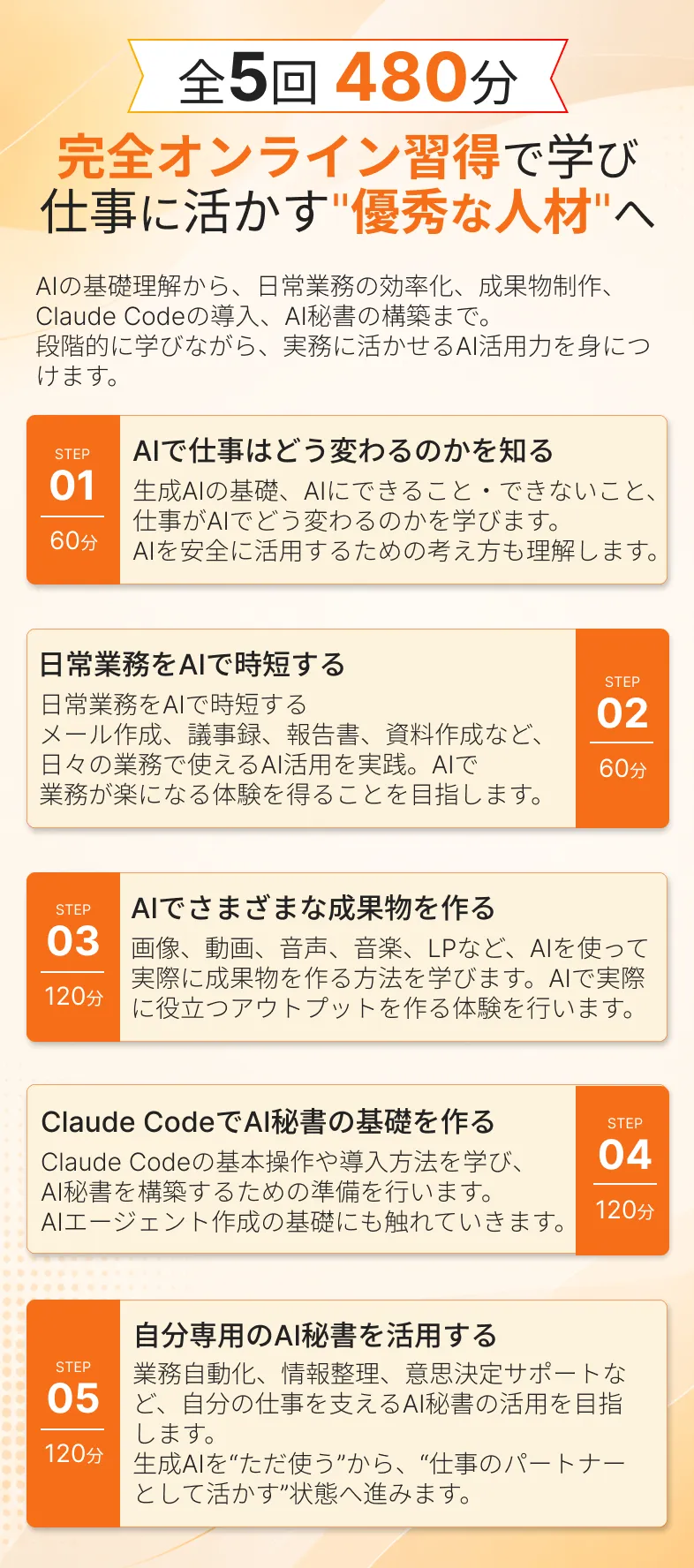全5回480分
          完全オンライン習得で学び仕事に活かす優秀な人材へ
          AIの基礎理解から、日常業務の効率化、成果物制作、Claude Codeの導入、AI秘書の構築まで。段階的に学びながら、実務に活かせるAI活用力を身につけます。
          STEP
          01
          AIで仕事はどう変わるのかを知る
          60分
          生成AIの基礎、AIにできること・できないこと、
          仕事がAIでどう変わるのかを学びます。AIを安全に活用するための考え方も理解します。
          日常業務をAIで時短する
          STEP
          02
          日常業務をAIで時短する
          メール作成、議事録、報告書、資料作成など、日々の業務で使えるAI活用を実践。AIで
          業務が楽になる体験を得ることを目指します。
          60分
          STEP
          03
          AIでさまざまな成果物を作る
          120分
          画像、動画、音声、音楽、LPなど、AIを使って実際に成果物を作る方法を学びます。AIで実際に役立つアウトプットを作る体験を行います。
          Claude CodeでAI秘書の基礎を作る
          STEP
          04
          Claude Codeの基本操作や導入方法を学び、AI秘書を構築するための準備を行います。AIエージェント作成の基礎にも触れていきます。
          120分
          自分専用のAI秘書を活用する
          STEP
          05
          業務自動化、情報整理、意思決定サポートなど、自分の仕事を支えるAI秘書の活用を目指します。生成AIを“ただ使う”から、“仕事のパートナーとして活かす”状態へ進みます。
          120分